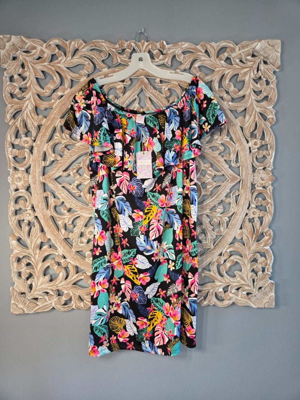 Stella Parker Dress XL Black Tropical Floral Off The Shoulder Midi Cover-up